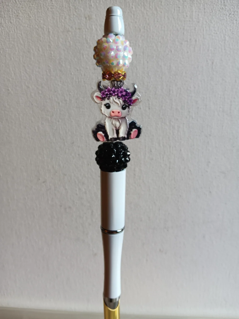 Cute White Cow Beaded Pen - Decorative Pink & Purple Accent